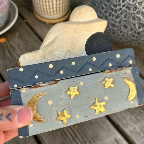 Indonesian Folk Art Sleeping Bhudha Box Carved Wood Hand Painted Stars Moon - Picture 13 of 14